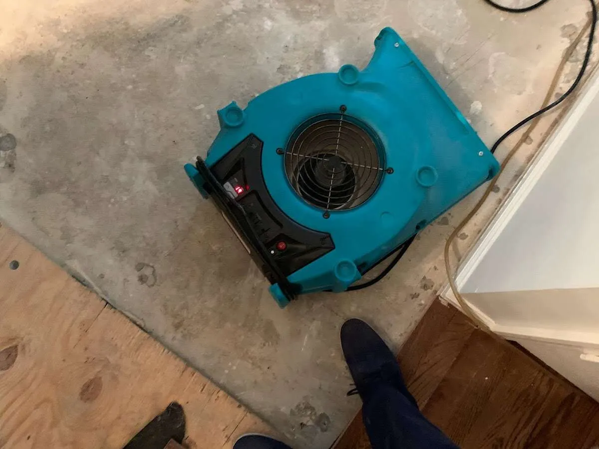 Air mover drying subfloor during Leak Detection & Repair in Valparaiso